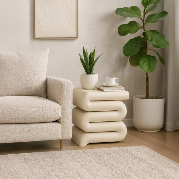 Meridian Furniture Roland Sculptural Iron End Table Matte Powder Coat Finish for Modern Living Room Accent Cream 99079Cream-ET