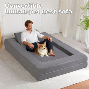 English Elm Compression Human Dog Sofa Bed 3-in-1 Folding Corduroy Floor Couch with Memory Foam Pillow for Living Room DARK GREY W3723P376784