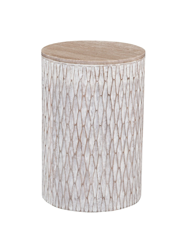 Basset Mirror Lorenzo Accent Table - Coastal Farmhouse Elegance With Mango Wood & Travertine Top For Your Home White Solid Mango,Travertine 9908-lr-223