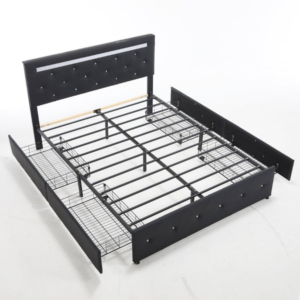 English Elm Full Size Pu Leather Storage Bed with Rgb Led Headboard and Charging Station Black W5722P462440