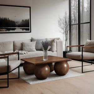 Meridian Furniture Fitch Oak Veneer Coffee Table with Sculptural Spherical Legs for Art Deco Living Rooms Brown B 99083Brown-CT