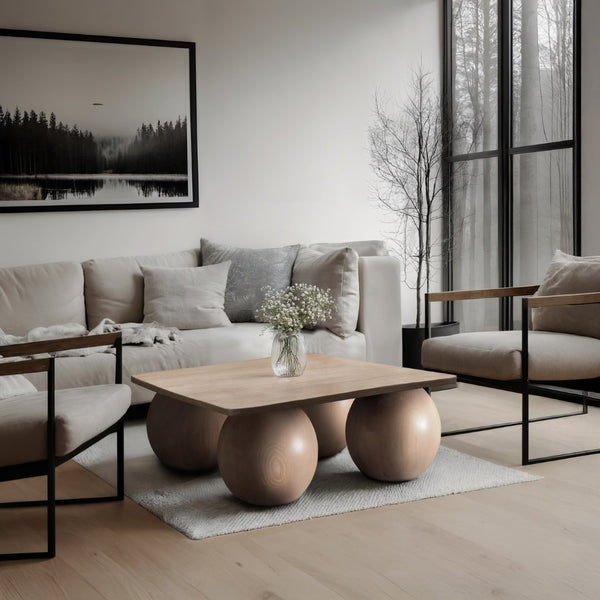 Meridian Furniture Fitch Oak Veneer Coffee Table with Sculptural Spherical Legs for Art Deco Living Rooms Natural B 99083Oak-CT
