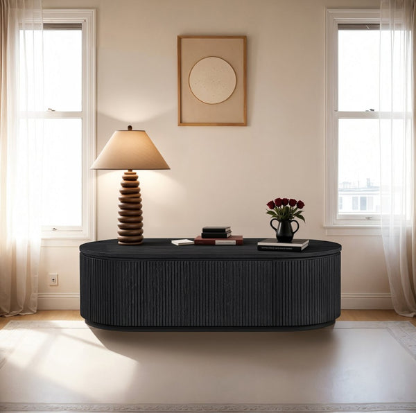 Meridian Furniture Moana Fluted Wood Coffee Table with Hidden Storage Cabinet for Modern Living Rooms Black 52 inches 99085Black-CT