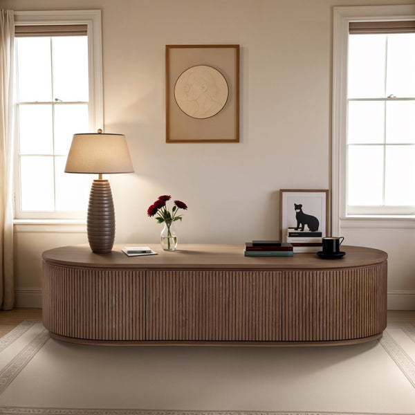 Meridian Furniture Moana Fluted Wood Coffee Table with Hidden Storage Cabinet for Modern Living Rooms Brown 64 inches 99086Brown-CT