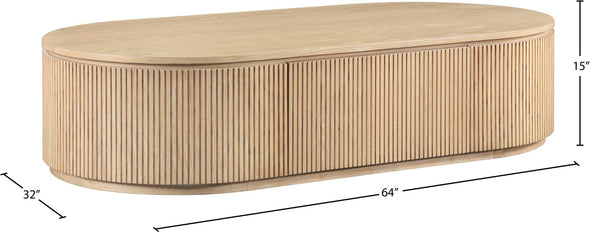 Meridian Furniture Moana Fluted Wood Coffee Table with Hidden Storage Cabinet for Modern Living Rooms Natural 64 inches 99086Oak-CT