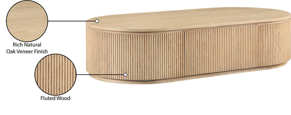 Meridian Furniture Moana Fluted Wood Coffee Table with Hidden Storage Cabinet for Modern Living Rooms Natural 64 inches 99086Oak-CT