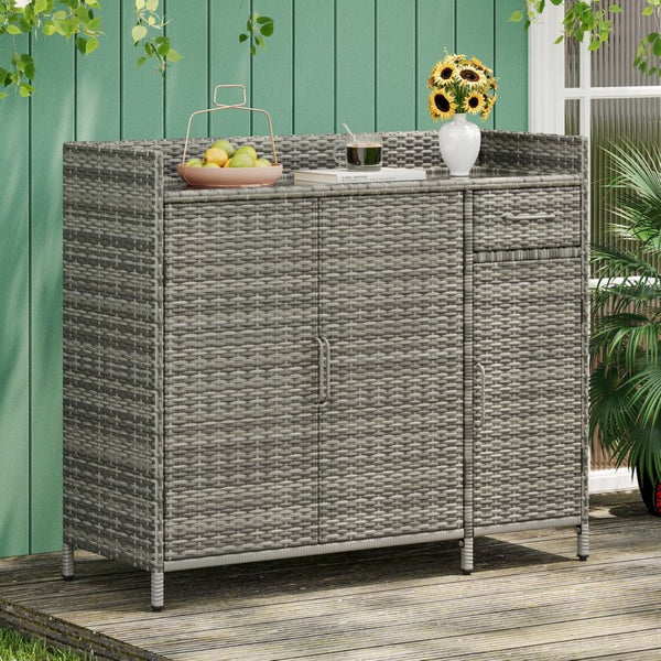 English Elm K&k Outdoor Wicker Bar Cabinet with Tempered Glass Top Adjustable Shelving and Drawer Grey N707P233745G