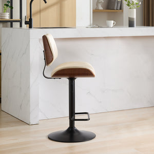 English Elm Walnut Mid-Century Bentwood Swivel Bar Stool — Ergonomic Faux Leather Seat, Wide Stable Base Beige W1143P173515