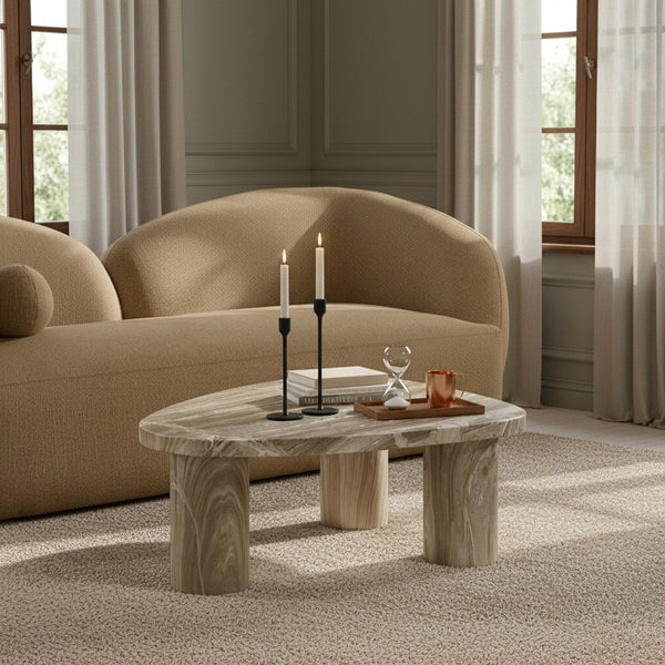 Meridian Furniture Teramo Sculptural Concrete Coffee Table with Art Deco Triple Pedestal for Indoor Outdoor Use Beige 36" W x 25.5" D x 13" H 99090Beige-CT13