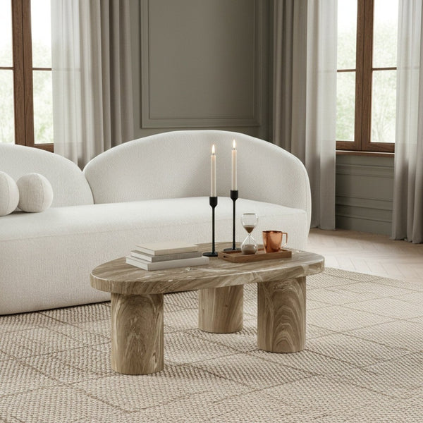 Meridian Furniture Teramo Sculptural Concrete Coffee Table with Art Deco Triple Pedestal for Indoor Outdoor Use Beige 38" W x 30" D x 15" H 99090Beige-CT15