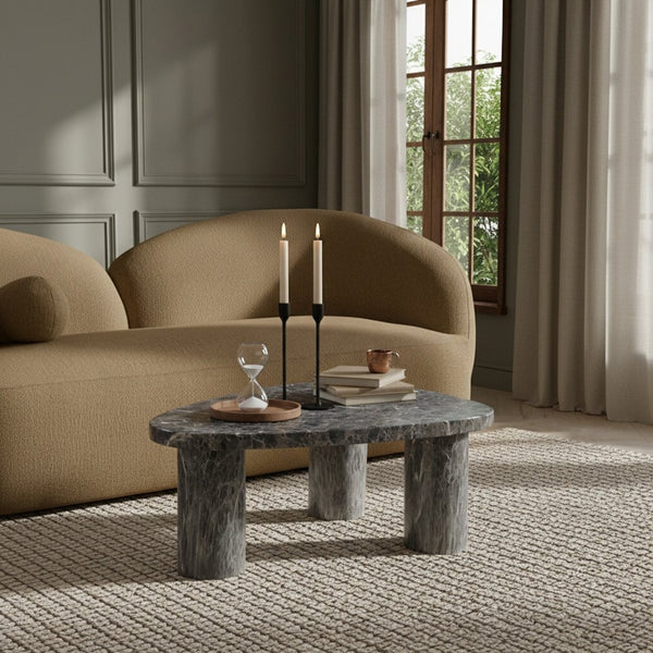 Meridian Furniture Teramo Sculptural Concrete Coffee Table with Art Deco Triple Pedestal for Indoor Outdoor Use Brown 36" W x 25.5" D x 13" H 99090Brown-CT13