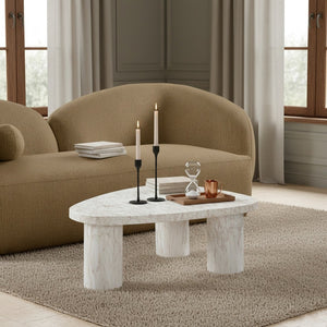 Meridian Furniture Teramo Sculptural Concrete Coffee Table with Art Deco Triple Pedestal for Indoor Outdoor Use White 36" W x 25.5" D x 13" H 99090White-CT13