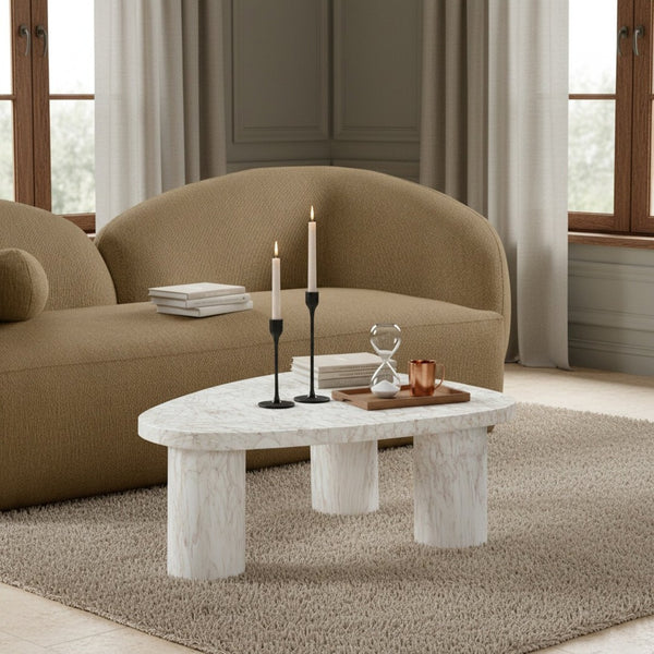 Meridian Furniture Teramo Sculptural Concrete Coffee Table with Art Deco Triple Pedestal for Indoor Outdoor Use White 36" W x 25.5" D x 13" H 99090White-CT13