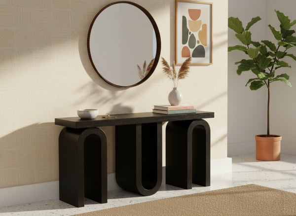 Meridian Furniture Westbourne Oak Veneer Console Table with Triple Base for Entryway Hallway or Living Room Black 99091Black-T