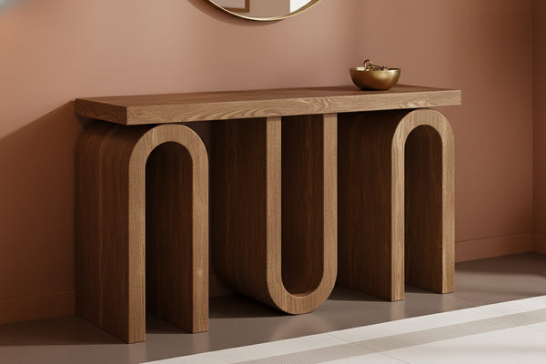 Meridian Furniture Westbourne Oak Veneer Console Table with Triple Base for Entryway Hallway or Living Room Brown 99091Brown-T