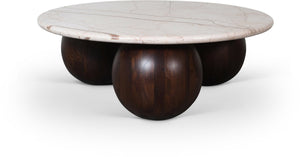 Meridian Furniture Treviso Round Marble Top Coffee Table with Art Deco Mango Wood Ball Bases for Living Rooms Beige 99092Beige-CT