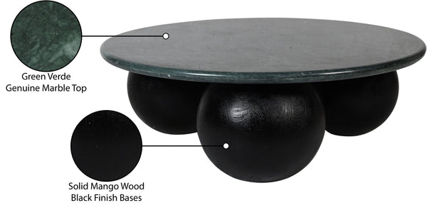 Meridian Furniture Treviso Round Marble Top Coffee Table with Art Deco Mango Wood Ball Bases for Living Rooms Green 99092Green-CT
