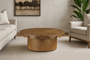 Meridian Furniture Dahlia Oak Veneer Coffee Table with Scalloped Art Deco Edges for Stylish Living Rooms Brown 99094Brown-CT