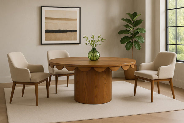 Meridian Furniture Dahlia Round Oak Veneer Dining Table Art Deco Scalloped Edge Seats Six People Brown 99094Brown-DT60