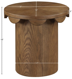 Meridian Furniture Dahlia Oak Veneer End Table with Scalloped Art Deco Edge for Living Room or Bedroom Brown 18 inches H 99094Brown-ET