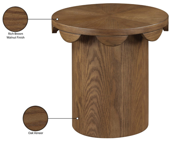 Meridian Furniture Dahlia Oak Veneer End Table with Scalloped Art Deco Edge for Living Room or Bedroom Brown 18 inches H 99094Brown-ET