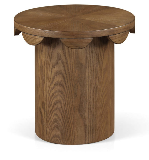 Meridian Furniture Dahlia Oak Veneer End Table with Scalloped Art Deco Edge for Living Room or Bedroom Brown 18 inches H 99094Brown-ET