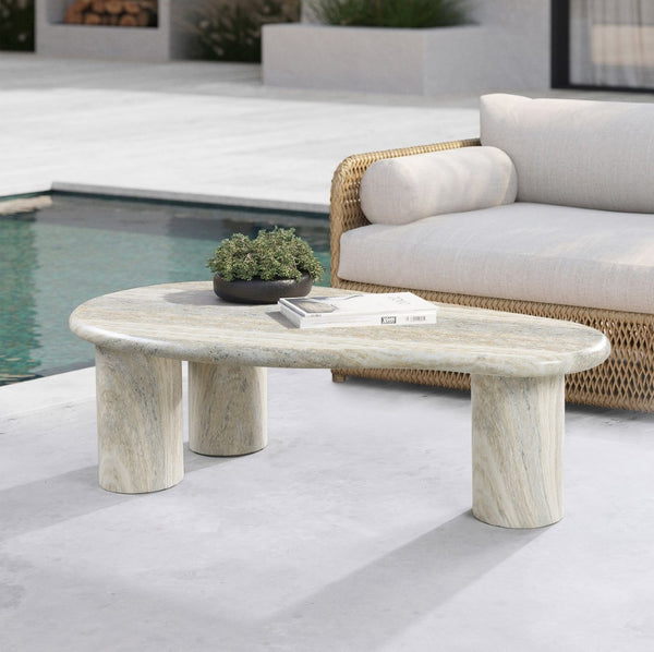 Meridian Furniture Sassari Sculptural Concrete Coffee Table with Marbled Finish for Indoor Outdoor Living Spaces Natural 99095Travertine-CT