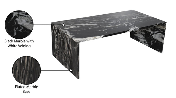Meridian Furniture Pienza Handcrafted Stone Coffee Table with Fluted Sculptural Base for Art Deco Living Rooms Black Genuine Marble 99096Black-CT