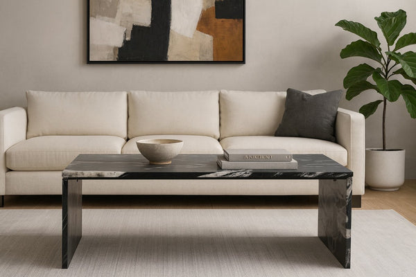 Meridian Furniture Pienza Handcrafted Stone Coffee Table with Fluted Sculptural Base for Art Deco Living Rooms Black Genuine Marble 99096Black-CT