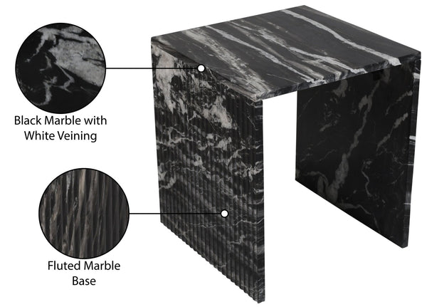Meridian Furniture Pienza Sculptural Fluted End Table Art Deco Handcrafted Stone Accent for Modern Living Room Black Genuine Marble 99096Black-ET