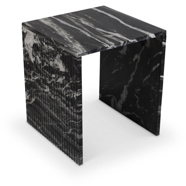 Meridian Furniture Pienza Sculptural Fluted End Table Art Deco Handcrafted Stone Accent for Modern Living Room Black Genuine Marble 99096Black-ET