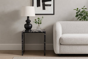 Meridian Furniture Pienza Sculptural Fluted End Table Art Deco Handcrafted Stone Accent for Modern Living Room Black Genuine Marble 99096Black-ET
