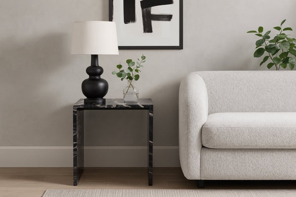 Meridian Furniture Pienza Sculptural Fluted End Table Art Deco Handcrafted Stone Accent for Modern Living Room Black Genuine Marble 99096Black-ET