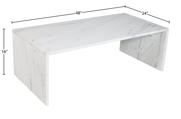 Meridian Furniture Pienza Handcrafted Stone Coffee Table with Fluted Sculptural Base for Art Deco Living Rooms White Genuine Marble 99096White-CT