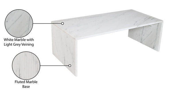 Meridian Furniture Pienza Handcrafted Stone Coffee Table with Fluted Sculptural Base for Art Deco Living Rooms White Genuine Marble 99096White-CT
