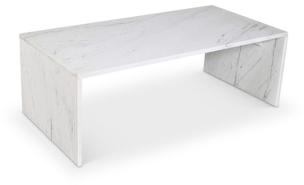 Meridian Furniture Pienza Handcrafted Stone Coffee Table with Fluted Sculptural Base for Art Deco Living Rooms White Genuine Marble 99096White-CT