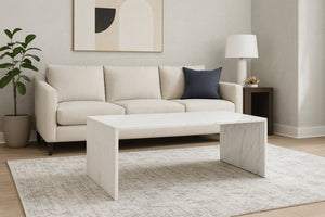 Meridian Furniture Pienza Handcrafted Stone Coffee Table with Fluted Sculptural Base for Art Deco Living Rooms White Genuine Marble 99096White-CT