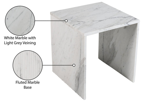Meridian Furniture Pienza Sculptural Fluted End Table Art Deco Handcrafted Stone Accent for Modern Living Room White Genuine Marble 99096White-ET