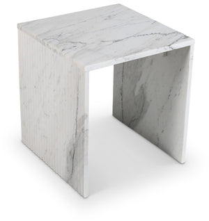 Meridian Furniture Pienza Sculptural Fluted End Table Art Deco Handcrafted Stone Accent for Modern Living Room White Genuine Marble 99096White-ET