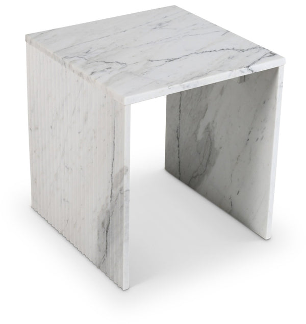 Meridian Furniture Pienza Sculptural Fluted End Table Art Deco Handcrafted Stone Accent for Modern Living Room White Genuine Marble 99096White-ET