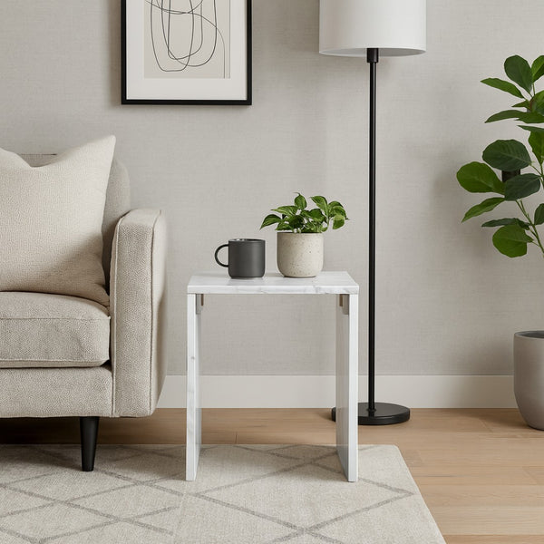 Meridian Furniture Pienza Sculptural Fluted End Table Art Deco Handcrafted Stone Accent for Modern Living Room White Genuine Marble 99096White-ET