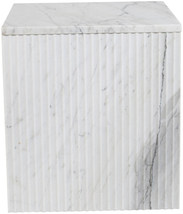 Meridian Furniture Pienza Sculptural Fluted End Table Art Deco Handcrafted Stone Accent for Modern Living Room White Genuine Marble 99096White-ET