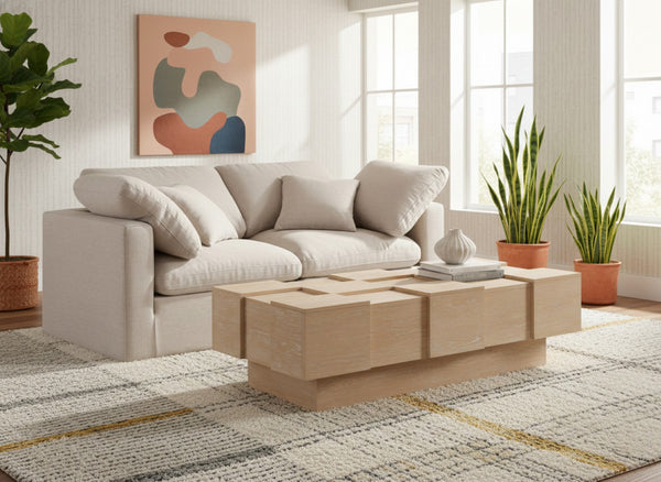 Meridian Furniture Anzio Art Deco Oak Veneer Coffee Table with Geometric Relief and Tiered Shelves for Living Rooms Natural 99097Oak-CT