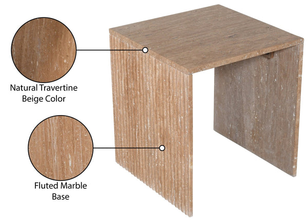 Meridian Furniture Pienza Sculptural Fluted End Table Art Deco Handcrafted Stone Accent for Modern Living Room Natural Travertine 99098Travertine-ET