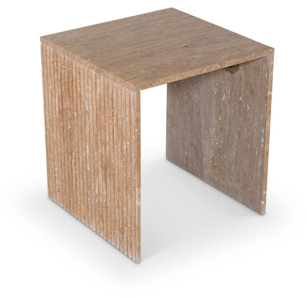 Meridian Furniture Pienza Sculptural Fluted End Table Art Deco Handcrafted Stone Accent for Modern Living Room Natural Travertine 99098Travertine-ET
