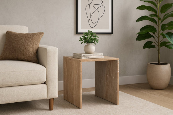 Meridian Furniture Pienza Sculptural Fluted End Table Art Deco Handcrafted Stone Accent for Modern Living Room Natural Travertine 99098Travertine-ET