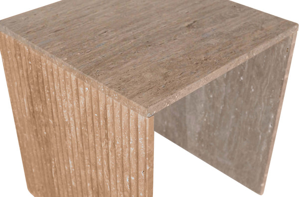 Meridian Furniture Pienza Sculptural Fluted End Table Art Deco Handcrafted Stone Accent for Modern Living Room Natural Travertine 99098Travertine-ET