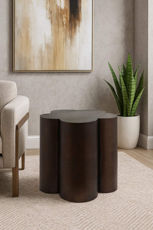 Meridian Furniture Lucky Clover Sculptural Iron Side Table with Metallic Finish for Modern Eclectic Living Rooms Brown 99099Brown-ET