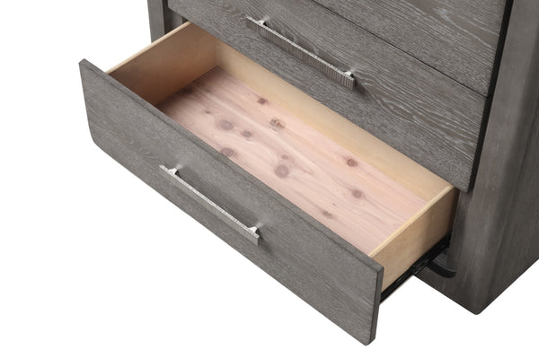 English Elm Unique Contemporary Chest with Cultured Stone Top, Reeded Panels, Silver Accents, Dovetail Drawers and Chrome Legs Warm Grey 42 L x 22 W x 56 H B2741P370873