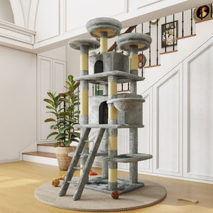 English Elm Large 7 Tier Plush Cat Tree with Dual Condos Hammock Sisal Posts for Multi Cat Homes Gray W1578P447623